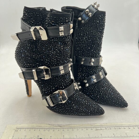 Shoes - Black Studded Bling Ankle Boot Pointed Toe Crystal Embellished Zipper Shoe